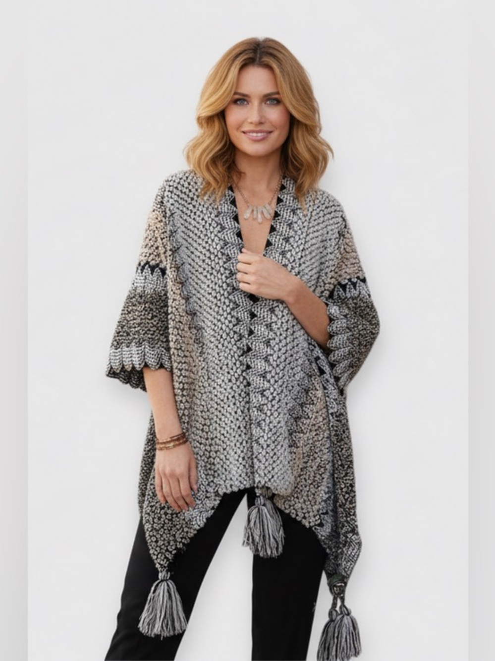 Colorful Draped Tassel Crochet Ruana, Cozy Shawl one size.